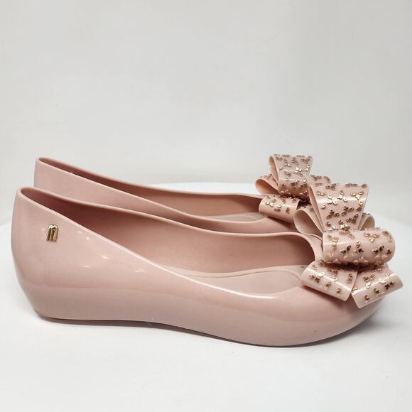 Melissa Ultragirl Sweet XVI Flats Women 9 Blush Pink Gold Accent Double Bow Peep - Picture 2 of 15